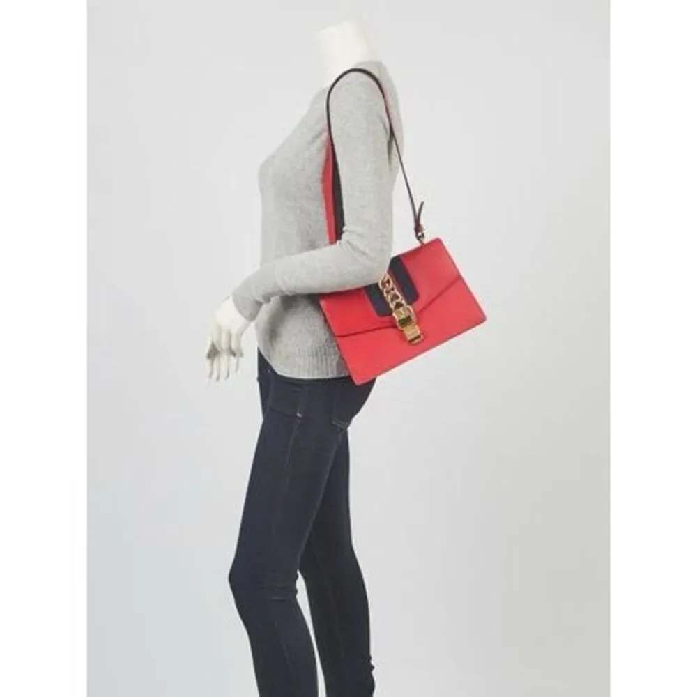 Authentic GUCCI Red Calfskin Leather Small Sylvie Shoulder Bag